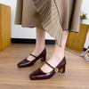 French High Heels Thick Heels Are Not Tired of Feet with Mary Jane Shoes Spring and Autumn Burgundy Square Head Splicing Light Mouth Single Shoes