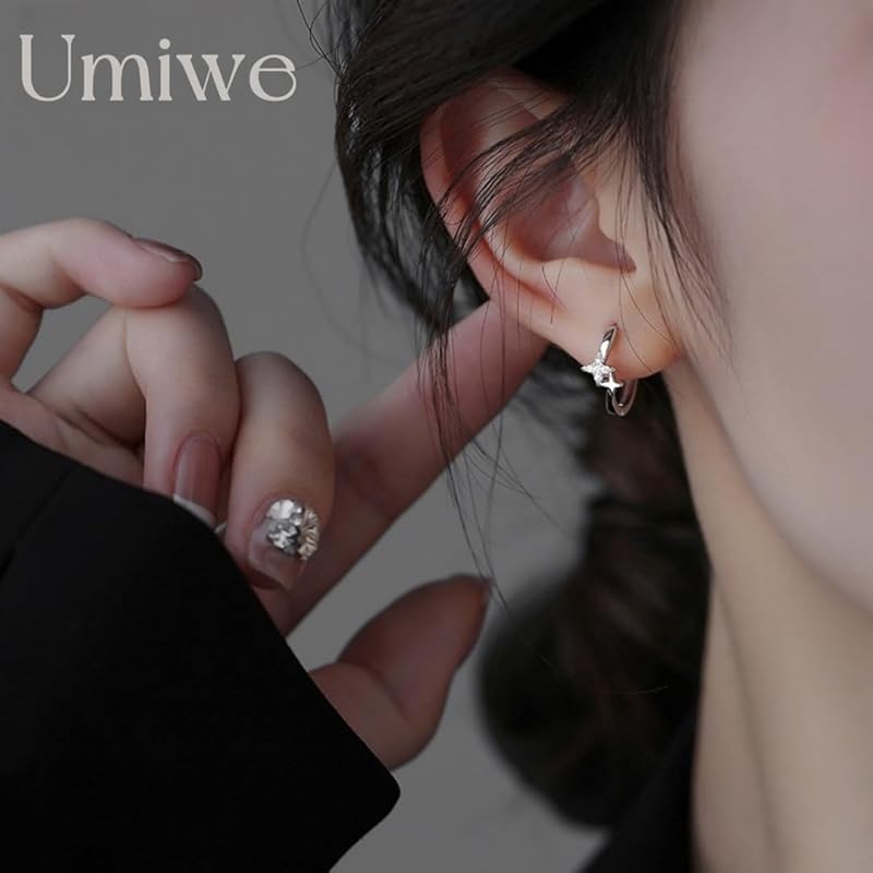 Umiwe Ring Earrings Ladies Leave It On Second Piercing S925 Silver Compatible with Metal Allergies Smaller Platinum Plated Both Ears Cute Zirconia