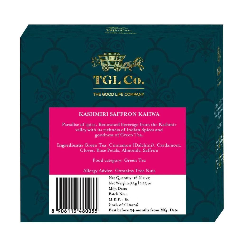 Green Kashmir Kahwa Tea (16 Pack, 2 G), Kashmiri Saffron Kahwa Green Tea, TGL Co.