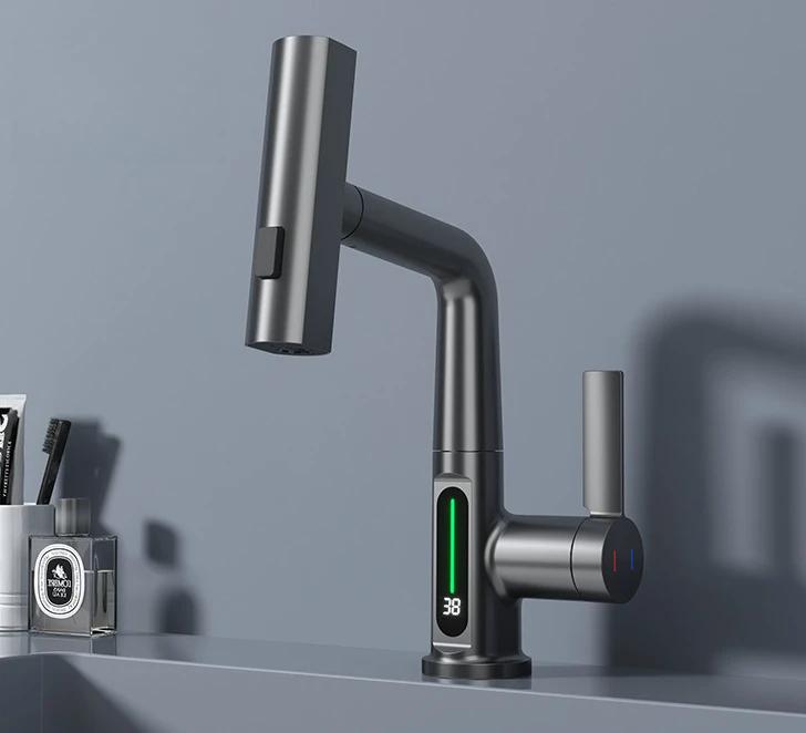 Digital Display Basin Faucet Pull-Out Kitchen Bathroom Rainfall Temperature Hydropower Faucet