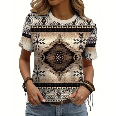 Винтажная футболка для женщин с этническим принтом, футболка с круглым вырезом, летняя повседневная футболка с коротким рукавом, уличная женская одежда больших размеров
