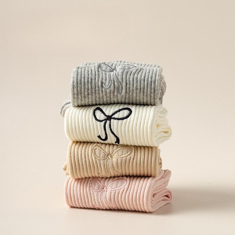 Однотонные универсальные носки до середины икры, простые длинные носки для осени и зимы, милые хлопковые носки с бантом, женские носки для весны и осени