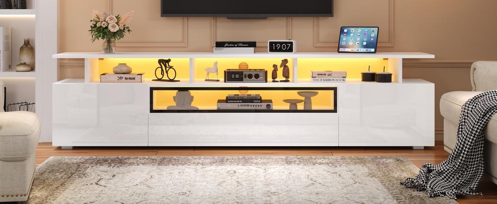 180*38*45cm TV Cabinet with 2 Cabinets and 1 Drawer, Lowboard with LED and 10 Storage Surfaces, Suitable for TVs around 75 Inches
