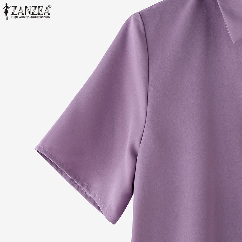 ZANZEA Женское повседневное однотонное платье с коротким рукавом и отложным воротником