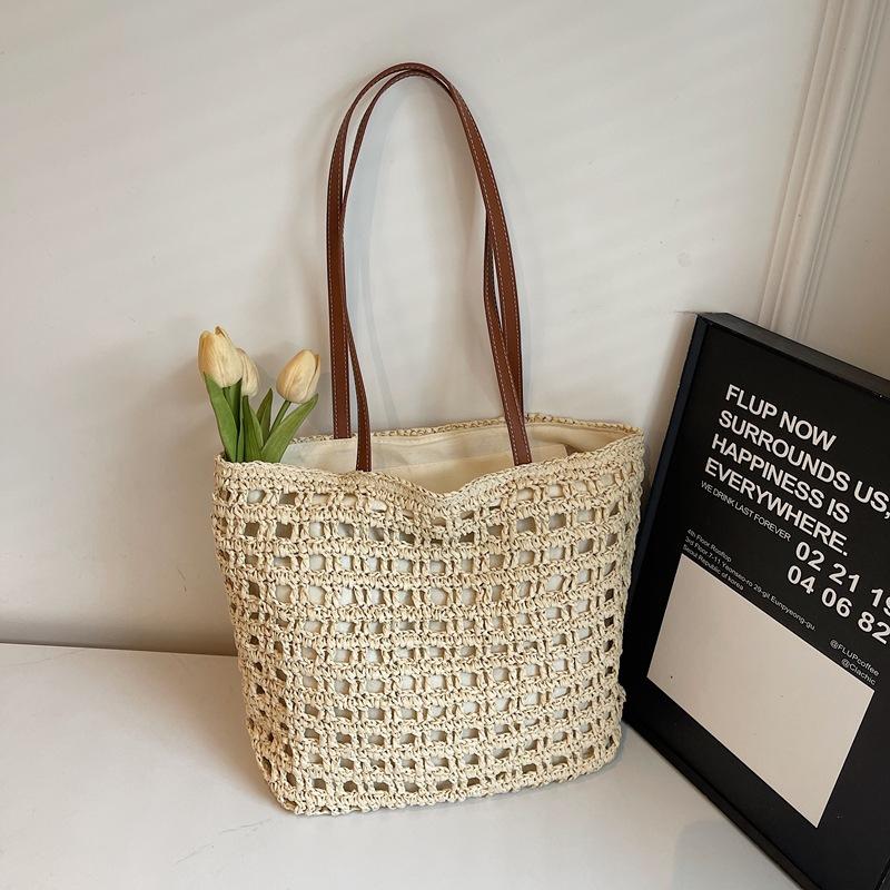 New Waffle Grid Straw Bag Lazy Wind Hollow Paper Rope Shoulder Woven Bag Large Capacity Casual Beach Women's Bag