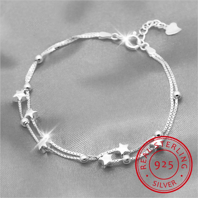 925 Solid Real Sterling Silver Fashion Double Layer Star Beads Bracelet 17cm For Women Girl Silver Jewelry