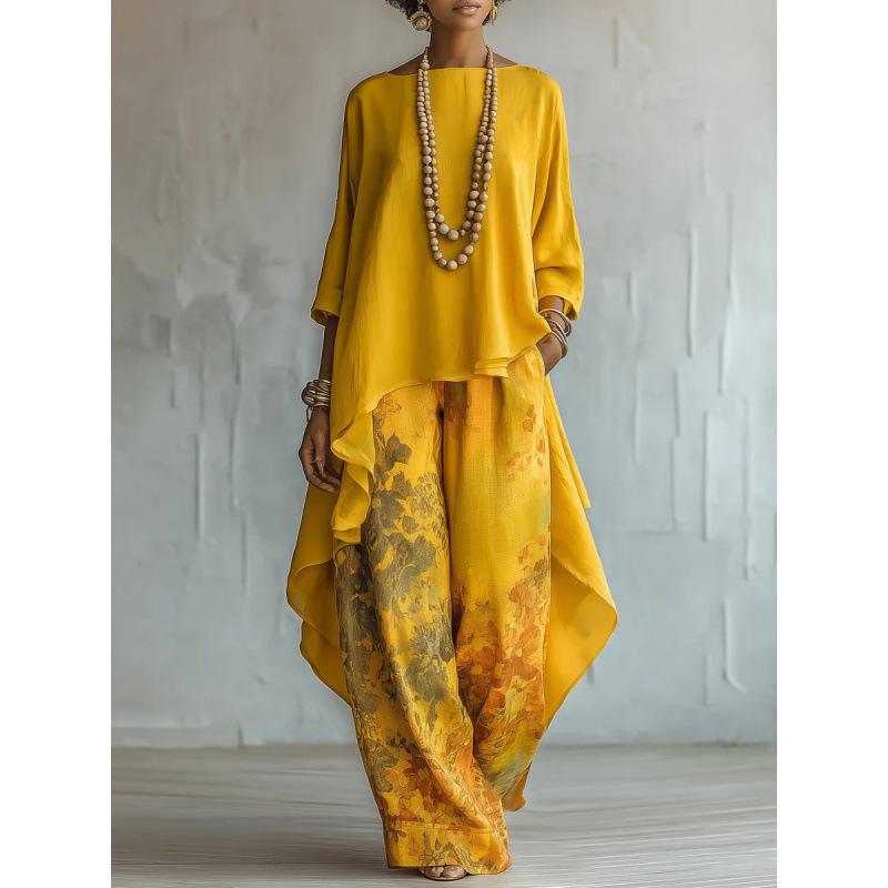2026 European and American Women's Fashion Digital Print Wide-Leg Pants + Crew Neck Long-Sleeve Solid Color Top Two-Piece Set