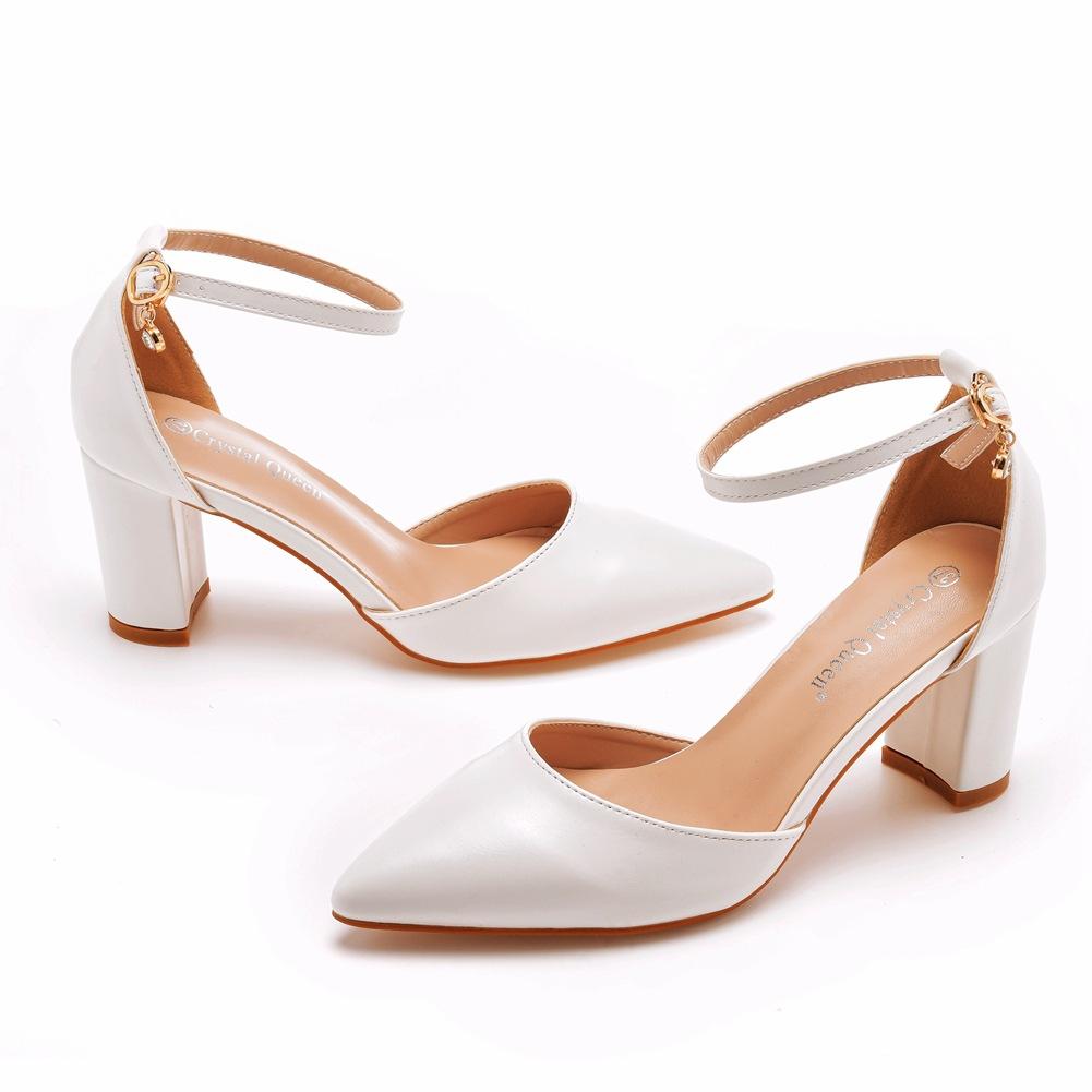 Large Size 43 Thick Heel Pointed Hollow Sandals Spring Shallow Mouth Women's Shoes White Buckle Bride Daily Office High Heels