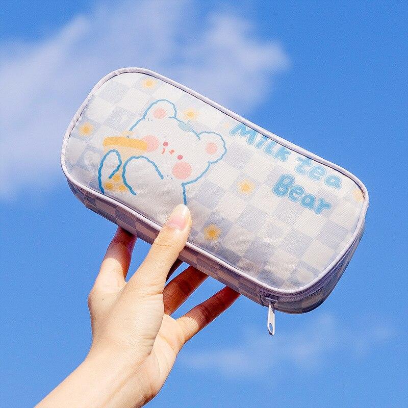 Прекрасный пенал с милым мультяшным медведем и кроликом, сумка-карандаш в шахматном порядке, студенческая сумка для хранения канцелярских принадлежностей, обратно в школу