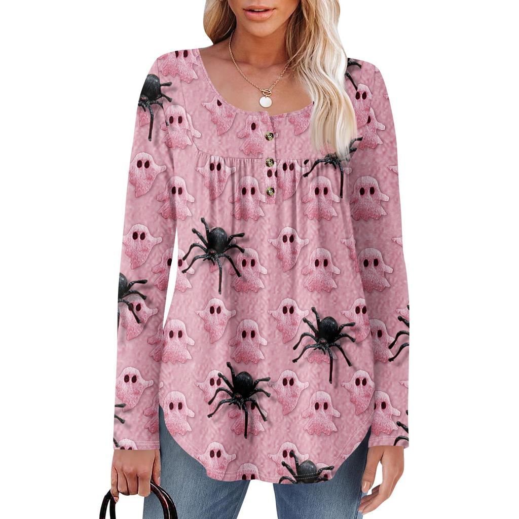 Женская туника с длинным рукавом, свободные топы, повседневные топы оверсайз, плиссированная туника, застегивающаяся на пуговицы, повседневные женские топы с принтом