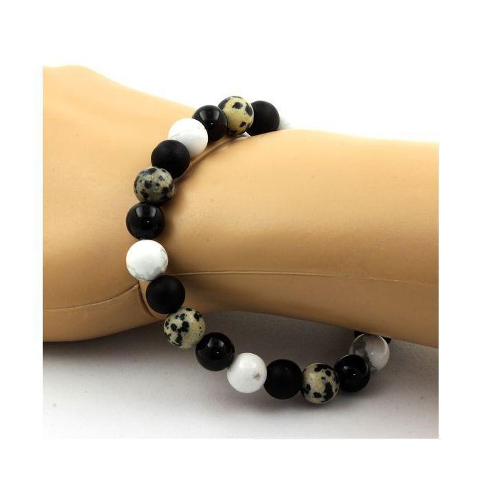 Pierres et Minéraux. Bracelet Perles Howlite + Jaspe Dalmatien + Onyx noir mat + Agate Fabriqué en France.