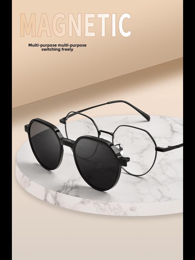 Magnetic Suction Retro Titanium Myopia Glasses with Polarized Gray Sunglasses - Ultra-Light Frame for Small Faces