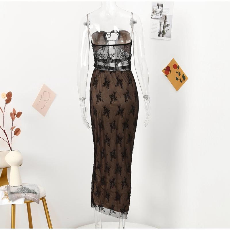 Сексуальные комплекты юбок без бретелек с кружевным принтом, женский прозрачный укороченный топ, длинная юбка, одинаковый комплект, женский костюм из двух предметов для ночного клуба