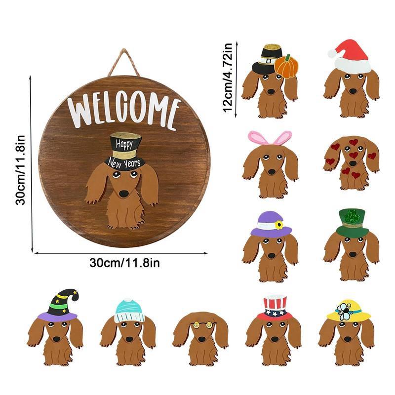 Dachshund Seasonal Welcome Sign For Front Door Rustic Round Wood Wreaths Sausage Dog Wall Hanging Home Decor Easy Install