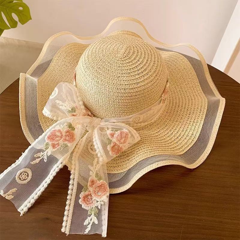New bow lace straw hat women's summer seaside beach vacation sun hat large brim sun protection hat