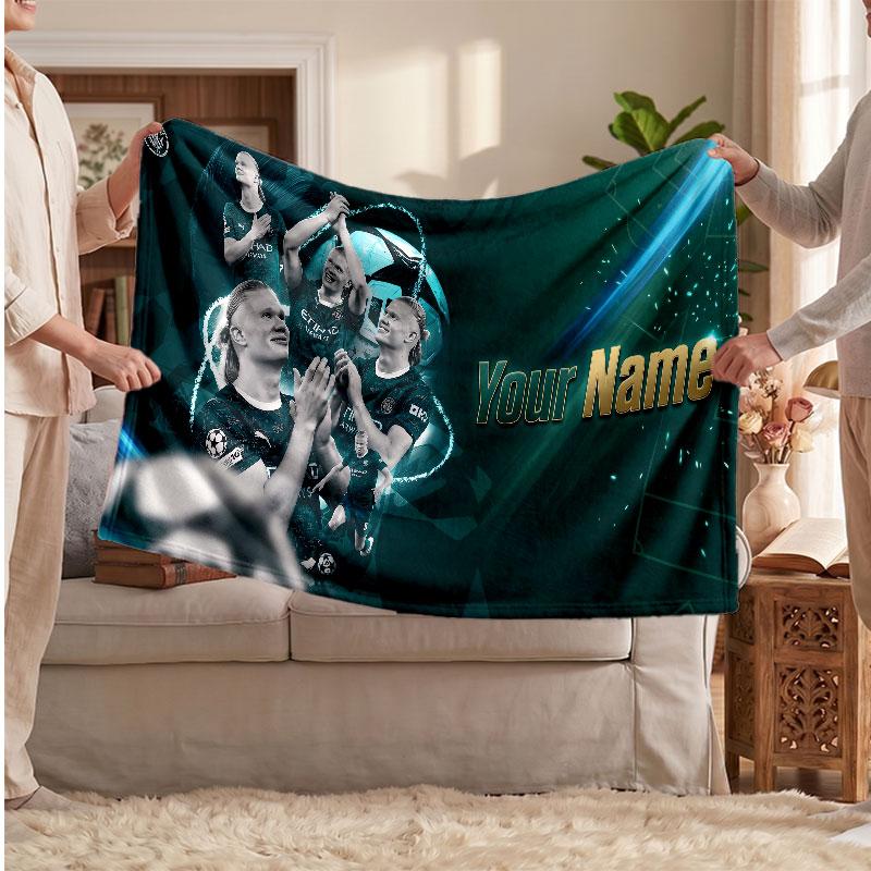 Erling Haaland Personalized Fleece Blanket With Football Logo, Custom Name Text Soft Warm Home Throw Blanket