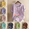 Women's Fashion Round Neck Short Sleeve T-shirt Casual Cotton Linen Graphic Shirt Leisure Loose Flowers Prined Summer Blouse Tops
