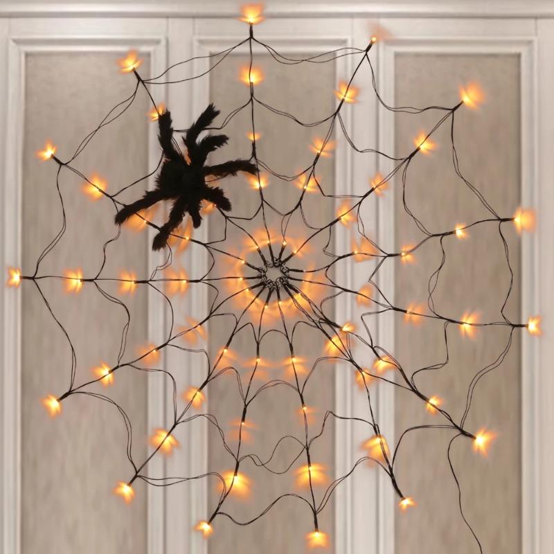 Spider Web Shaped LED String Lights Color Changing Halloween Decorative Lights for Porch Fence Window Ghost Party Festival Atmosphere