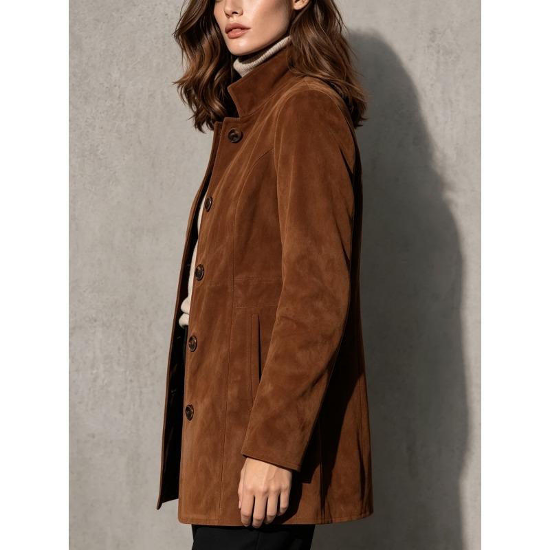 Women S Suede Fabric Lapel Mid Length Loose Casual Coat