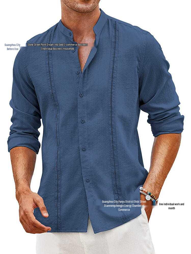 Men's Casual Cotton Linen Stand Collar Shirt - European & American Style for Summer Beach Vacation 2026