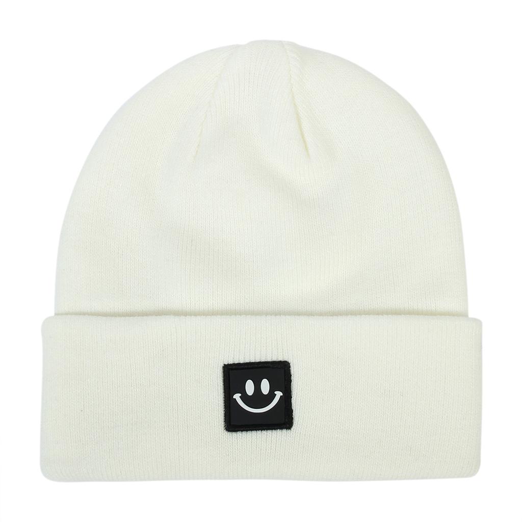 Women's Fashion Smiley Face Logo Hat Solid Color Knitted Hat Casual Outdoor Warm Beanie Men's Winter Hat