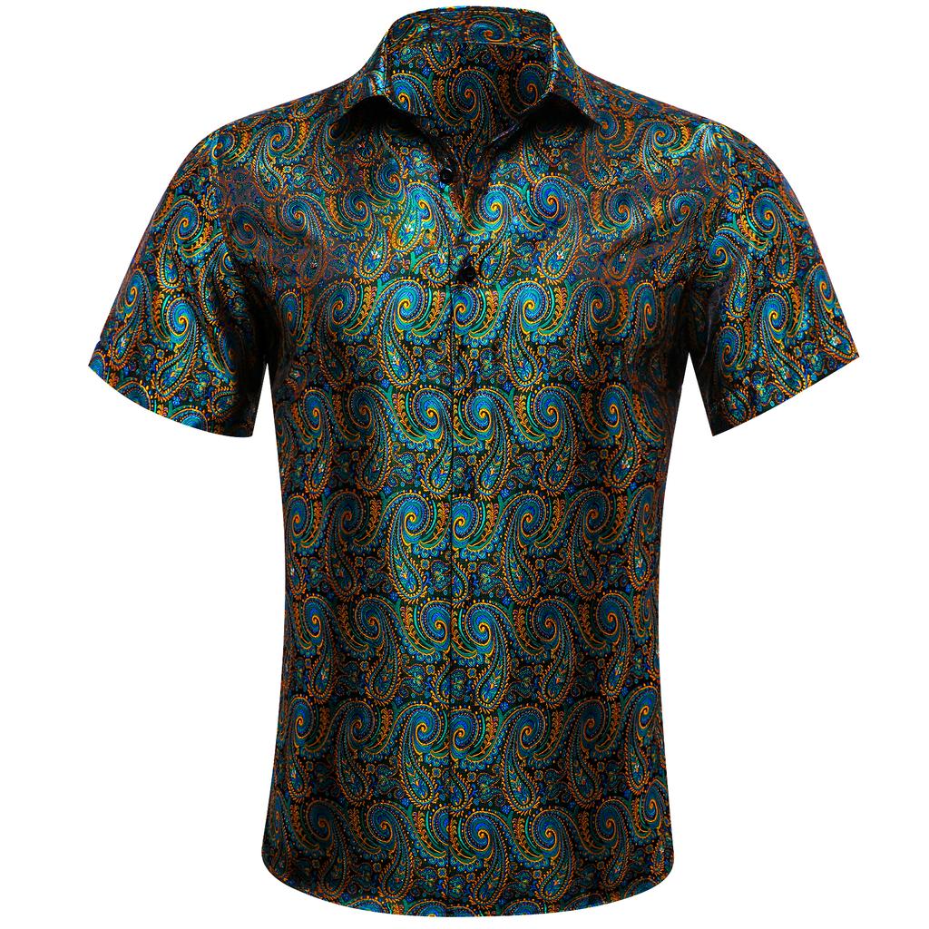Barry.Wang Classic Mens Long Sleeve Shirt Navy Blue Paisley Button Down Dress Shirts Formal Casual
