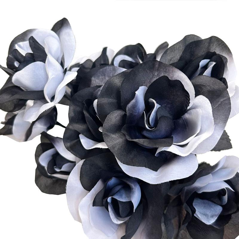 2 шт. 5 головок 34 см Хэллоуин Декор Реалистичный Букет Искусственных Цветов Готический Черно-белый Искусственные Цветы Розы Ветка