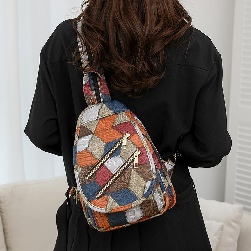 Нагрудная сумка с цветными блоками, женский рюкзак из мягкой кожи, уличный дорожный рюкзак с двойной молнией