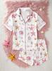 Girls Starfish Print Pajamas Set Button-Down Short Sleeve Top Shorts Sleepwear for 14-16Y