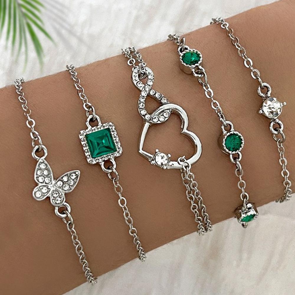 5 Piece Set Of Ladies Fashionable And Elegant Jade Sparkling Square Butterfly Heart Bracelet Wedding Birthday Zircon Gift Party