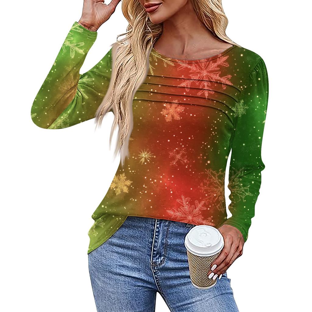 Женская повседневная модная футболка с круглым вырезом и длинными складками на Рождество