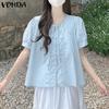 Summer Women O Neck Puff Sleeve Pleated Buttons Up Casual Blouse Tops