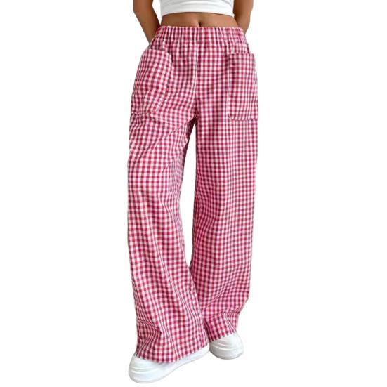 Женские брюки с эластичной талией, средней посадкой, широкие длинные брюки с карманами, клетчатый принт, удобные повседневные брюки