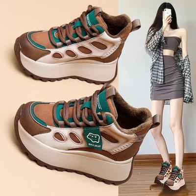 Женская обувь Плюс бархатная обувь Женские высокие повседневные спортивные туфли Зимняя универсальная обувь на толстой подошве Защищающие от холода хлопковые туфли