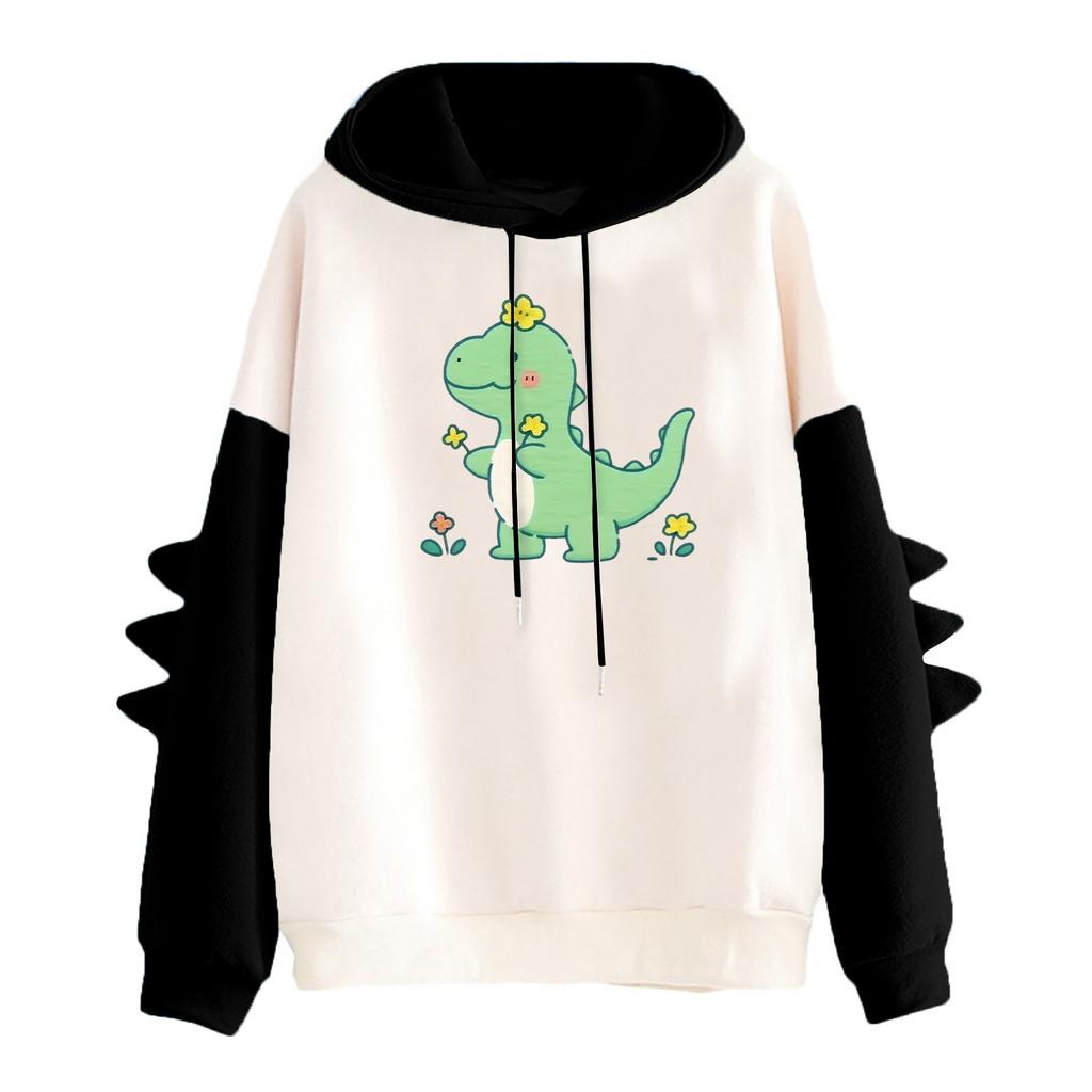Women's Printed Contrasting Dinosaur Loose Casual Hoodie