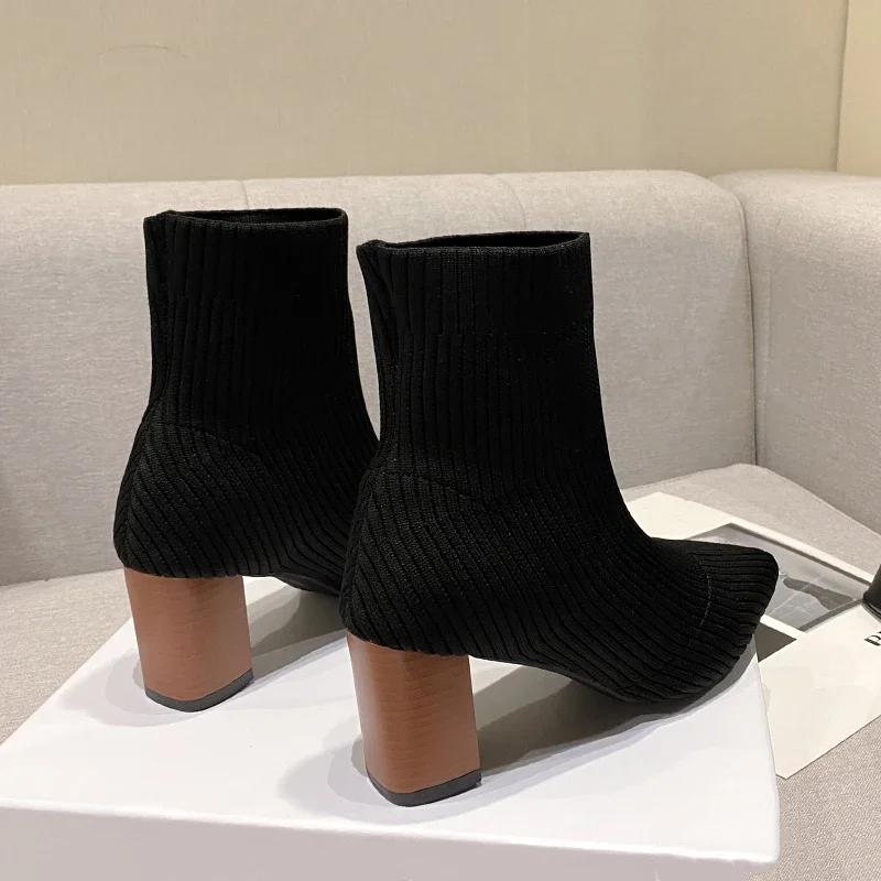Мода Зима Вязаные Носки Ботильоны Женская Обувь Высокие Каблуки Острый Носок Ботильоны Бренд 2025 Тренд Новый Комфорт Элегантное Платье Ботас Мухер