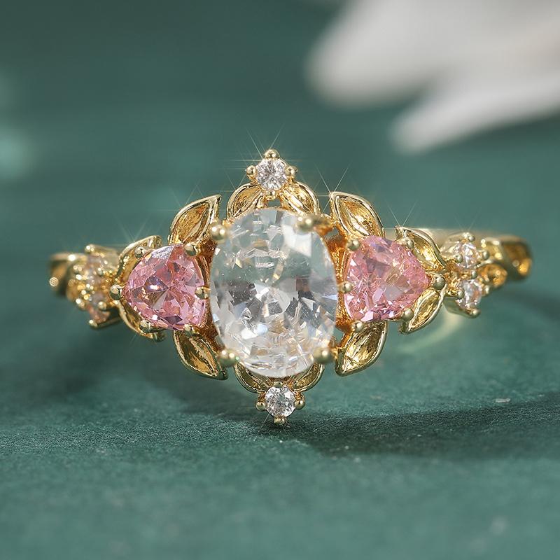 2 Pcs Retro Elegant Pink Zircon Ring Set for Women Engagement Proposal Jewelry