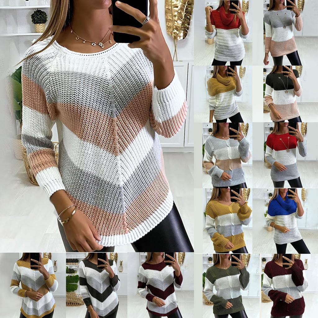 Ladies Casual Loose Round Neck Bib Color-blocking Long-sleeved Knitted Sweater