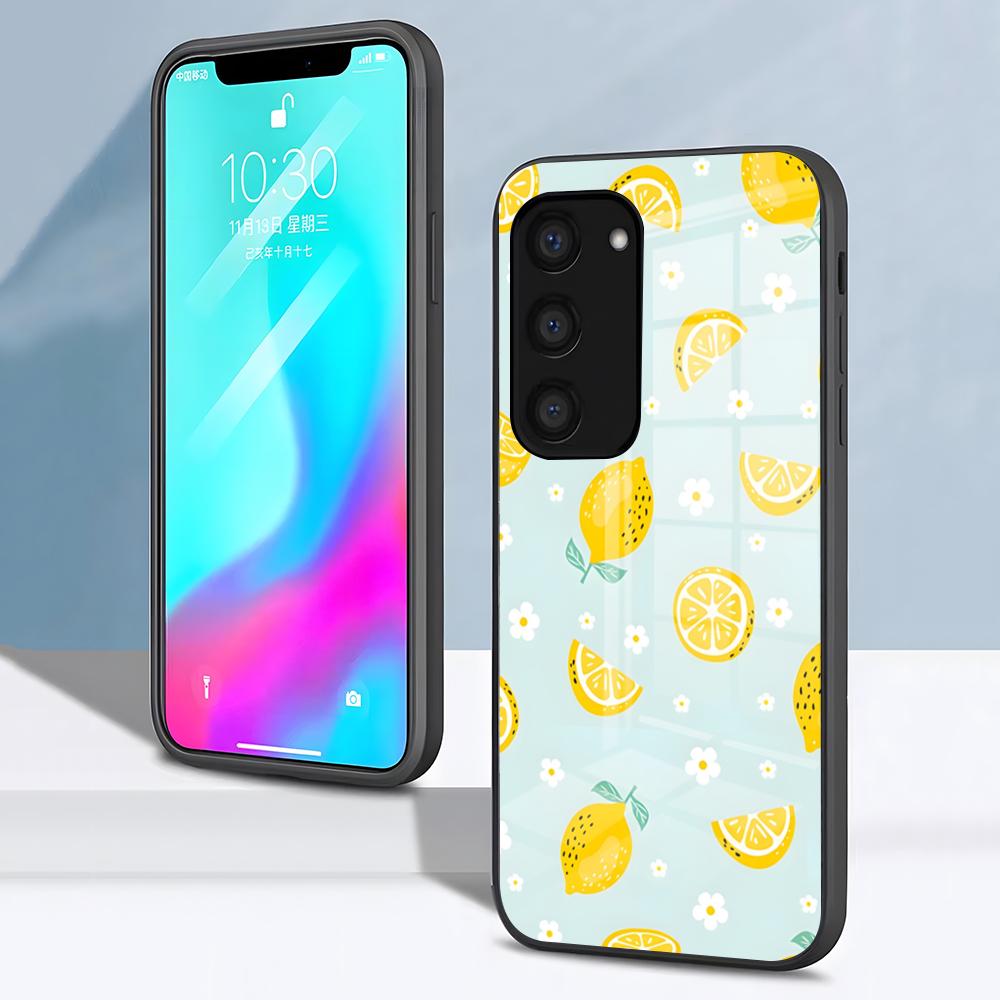 Фруктовый чехол-лимон для телефона Samsung S26 S25 S24 FE S23 S22 S21 Plus S20 Ultra Note20Ultra Черная стеклянная крышка