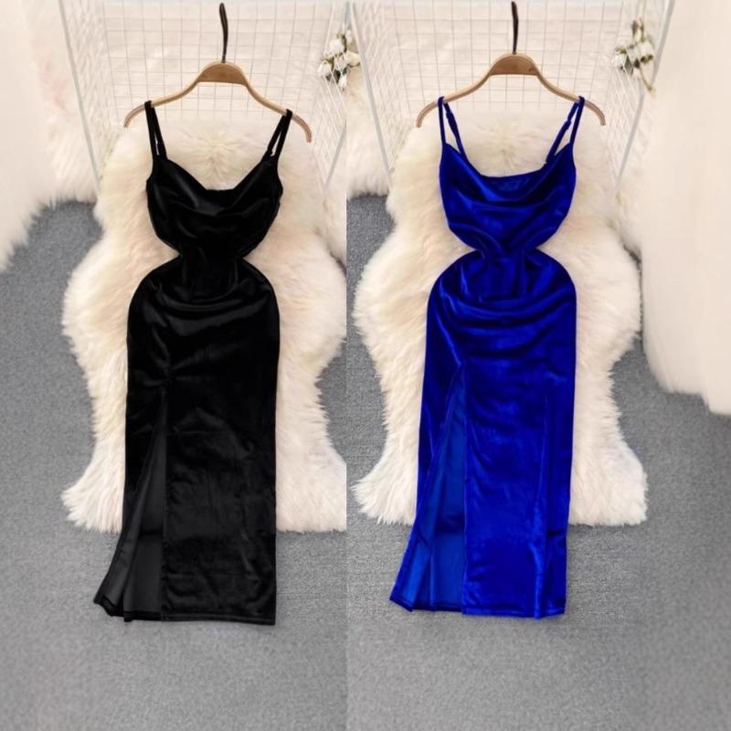 Женское платье-халтер New Senior Sense of Waist Slimming, версия средней длины из бархатных платьев с разрезом на бедрах