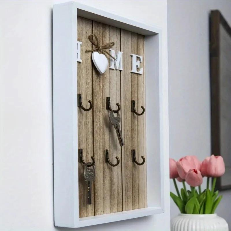 1pc Wooden Metal Key Hook Board Home Wall Decoration Living Room Entrance Storage Rack