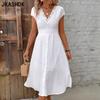 Женские модные летние весенние однотонные повседневные платья с v-образным вырезом и короткими рукавами и высокой талией
