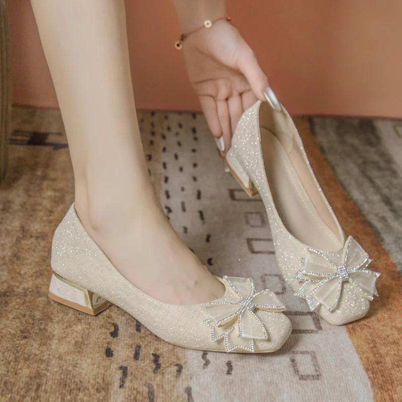 Элегантные туфли подружки невесты во французском стиле, удобные для повседневной носки, на низком толстом каблуке, женские китайские свадебные туфли-одиночки