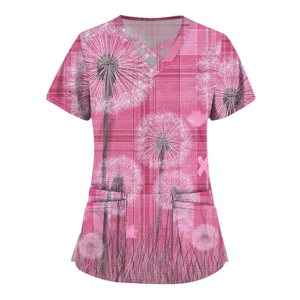 Women's Fashion V-Neck Short Sleeve Overalls Double Layer Pocket Printed Tops Apparel