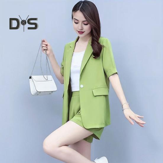 2 Piece Women Casual Outfit Lapel Short Sleeve Blazer Shorts Solid Color OL Style Single Button Blazer Shorts Set Elegant Office Suit