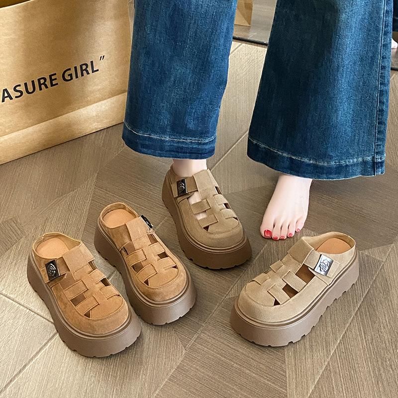 Soft Leather Sandals Women's 2025 Summer New Thick-soled Heightening Bag Head Hollow Outer Wear All-inclusive Shoes Single Shoes