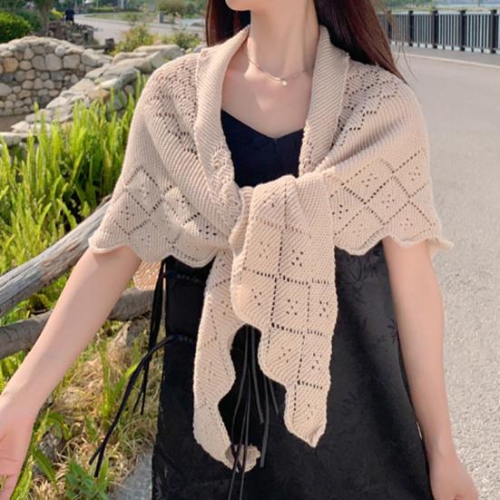 Women Knitting Shawl Solid Color Fringe Design Lightweight Versatile Hollow Shawl Open Knitted Pattern Shawl