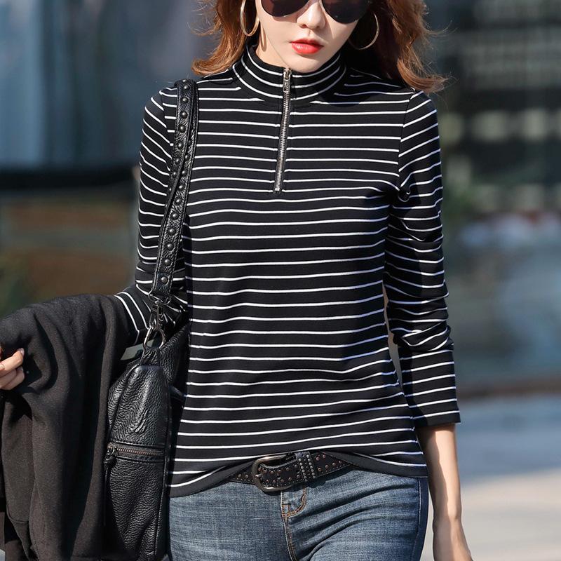 Полосатая футболка, весенняя женская тонкая офисная футболка с воротником и воротником, женские хлопковые корейские топы с длинными рукавами на молнии в корейском стиле