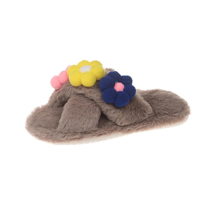 Новые милые зимние меховые тапочки для девочек, элегантные детские тапочки с цветочным принтом, теплые домашние тапочки для принцесс, модная мягкая универсальная детская повседневная обувь