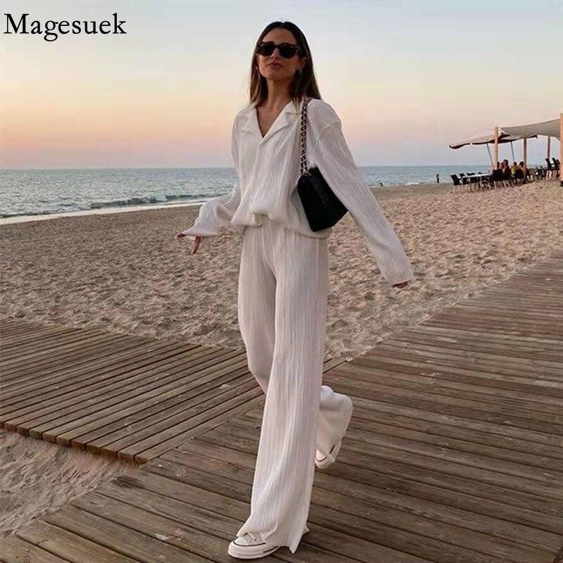 Костюм с длинным рукавом, куртка с воротником, пальто, повседневный комплект с широкими брюками, костюмы для женщин, офисный женский сексуальный костюм, комплект из двух предметов 22072